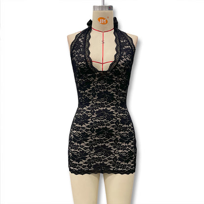 Cross-border 2025 new European and American hot girl style V-neck sexy lace backless lace-up slim hip wrap dress