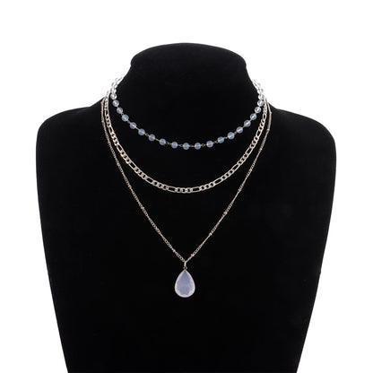 European and American cross-border jewelry multi-element protein bead crystal pendant necklace fashion three-to-one chain drop necklace
