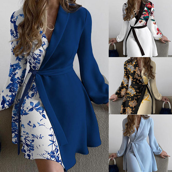 Foreign trade European and beautiful women's clothing 2026 new temperament commuter lapel lace-up one-piece color-blocking long-sleeved cross-border dress