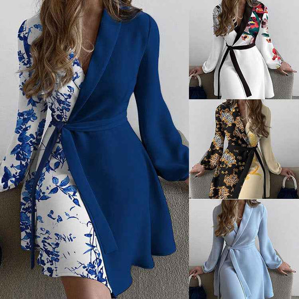 Foreign trade European and beautiful women's clothing 2026 new temperament commuter lapel lace-up one-piece color-blocking long-sleeved cross-border dress
