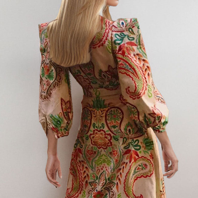 2025 spring new European and American women's clothing ethnic style V-neck long sleeves waist slimming design sense A-line skirt dress for women