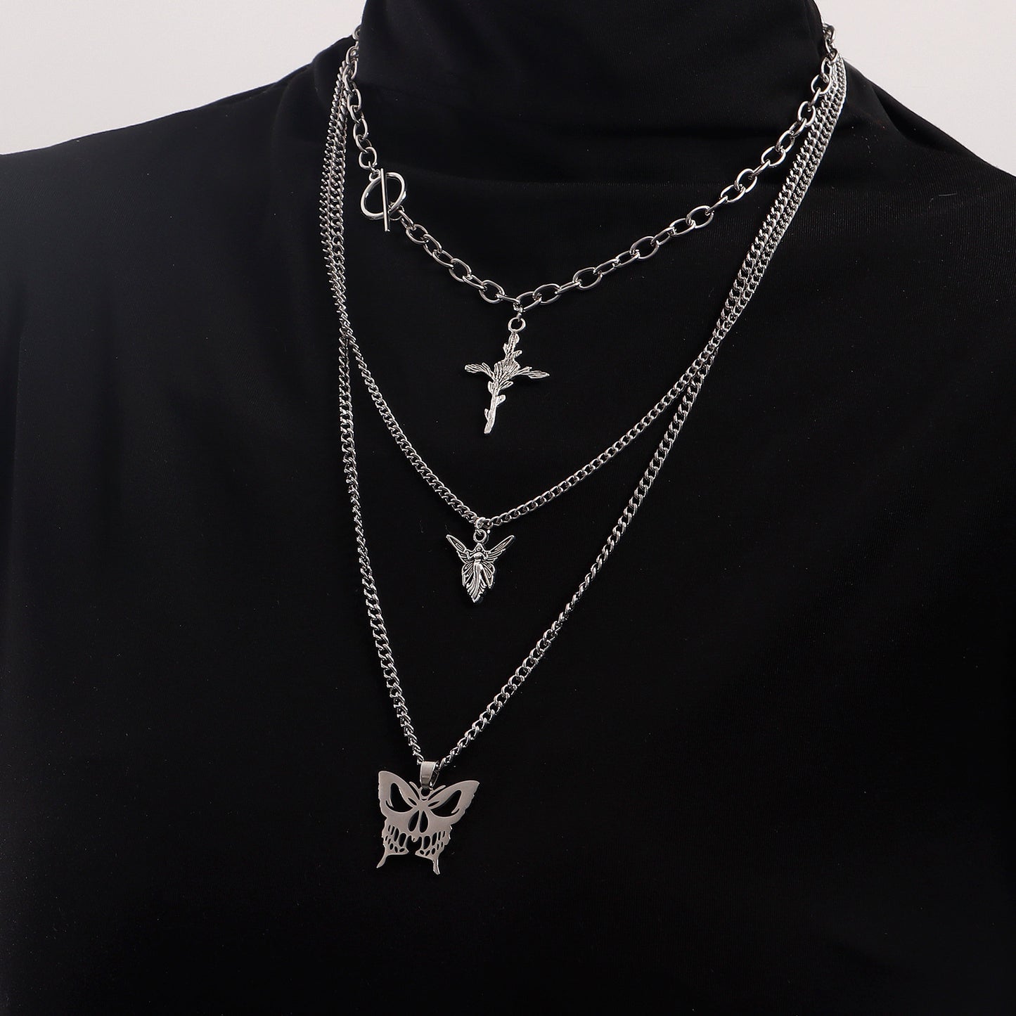 European and American cross-border jewelry, trendy multi-layer hollow butterfly, rose, cross, sweater, necklace, women's Korean version of the necklace