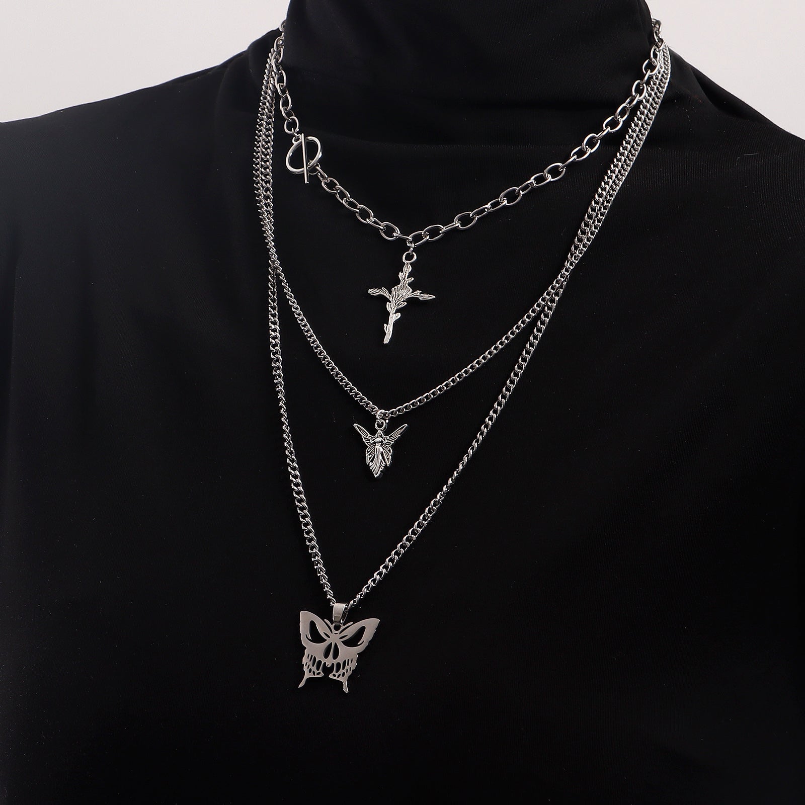 European and American cross-border jewelry, trendy multi-layer hollow butterfly, rose, cross, sweater, necklace, women's Korean version of the necklace
