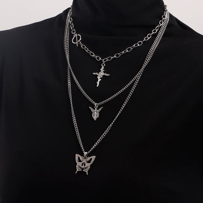 European and American cross-border jewelry, trendy multi-layer hollow butterfly, rose, cross, sweater, necklace, women's Korean version of the necklace