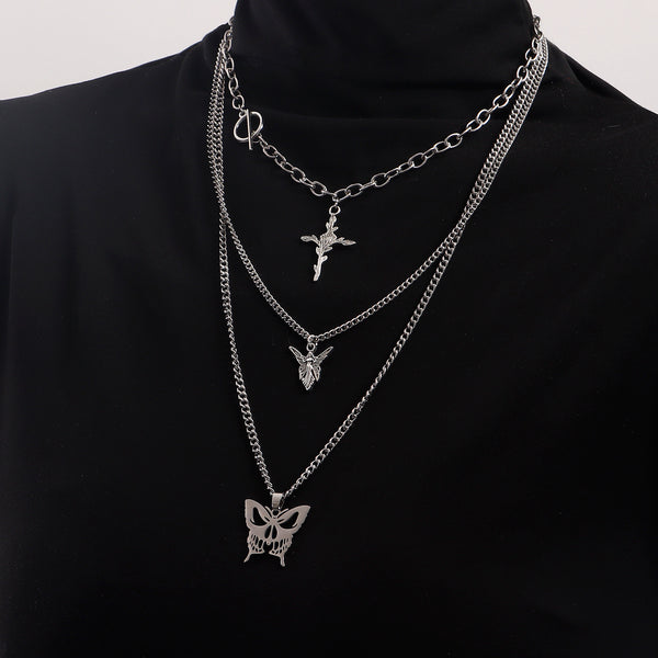 European and American cross-border jewelry, trendy multi-layer hollow butterfly, rose, cross, sweater, necklace, women's Korean version of the necklace
