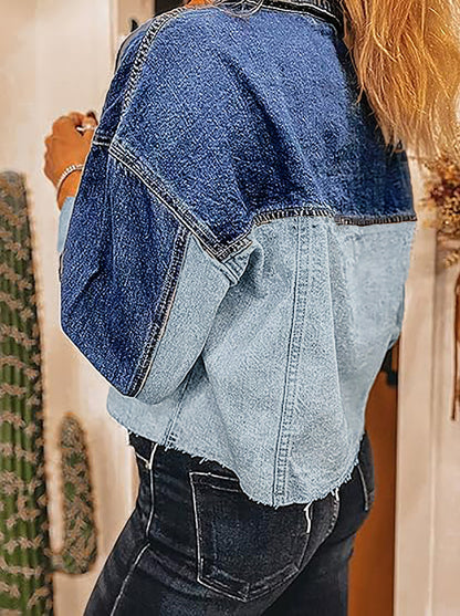 Cross-border foreign trade women's denim jacket color-blocked long sleeve button-down patchwork flap hem cropped denim jacket