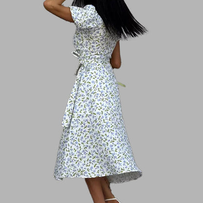 Spring 2026 new V-neck dress floral print puff sleeves waist slim temperament slim dress