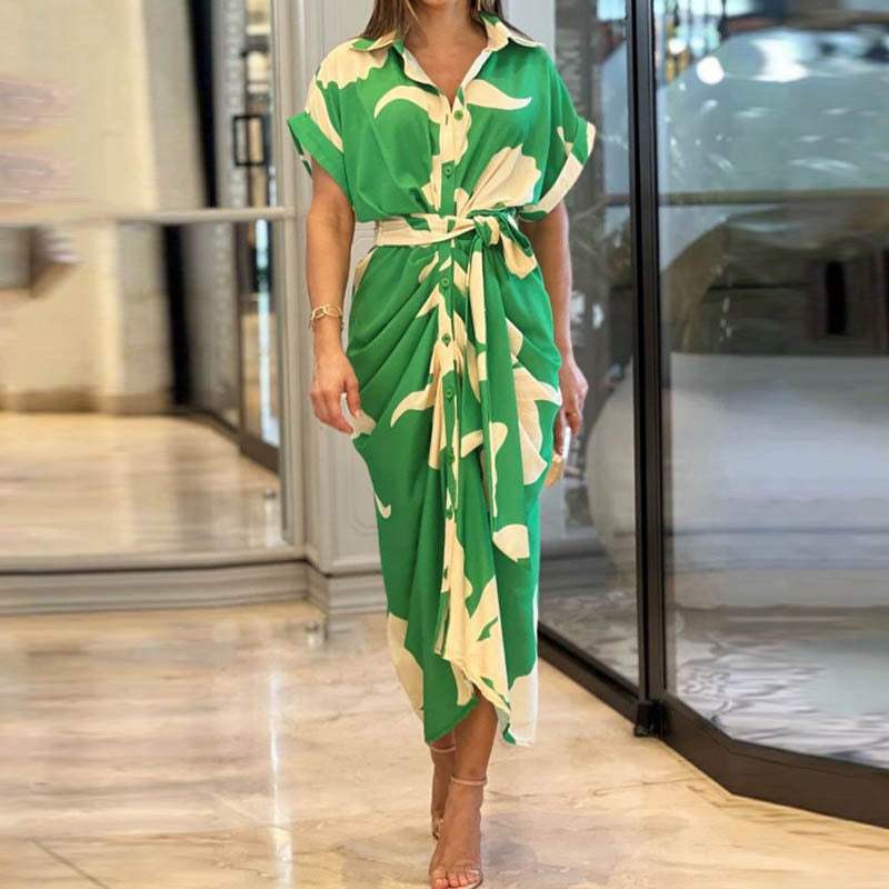 Foreign Trade 2026 Amazon INS European and American Cross-border Women's Printed Lapel Short Sleeve High Waist Long Shirt Dress