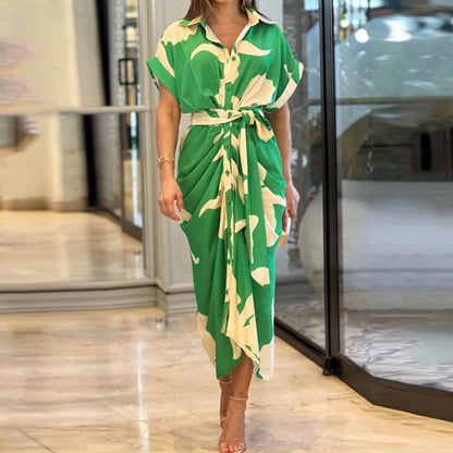 Foreign Trade 2026 Amazon INS European and American Cross-border Women's Printed Lapel Short Sleeve High Waist Long Shirt Dress