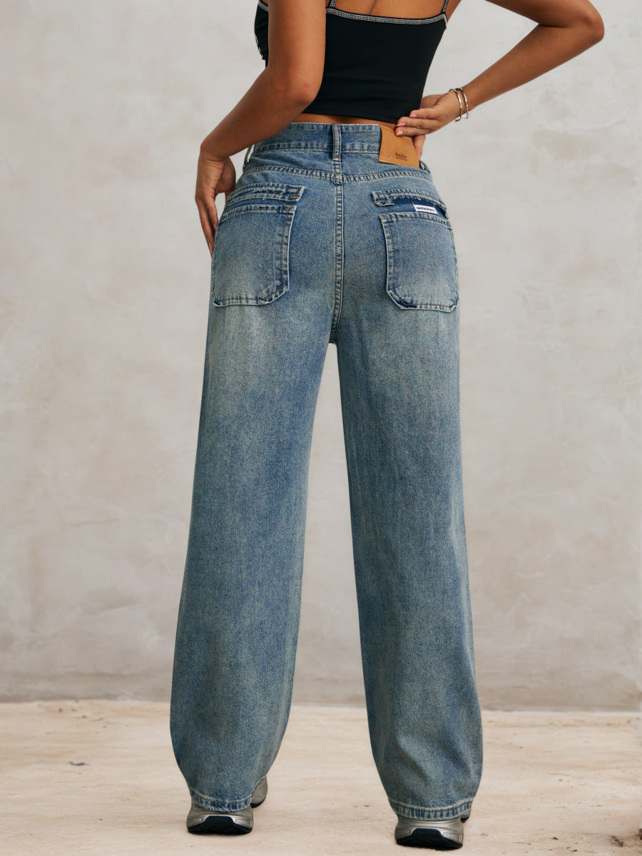 Retro Korean wide-leg jeans women's autumn and winter high-waisted loose slimming straight-leg long pants European and American street style