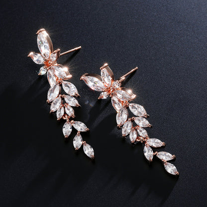 RAKOL European and American fashion trend full-set maressee zircon petal earrings with a super fairy-like elegance long tassel studs