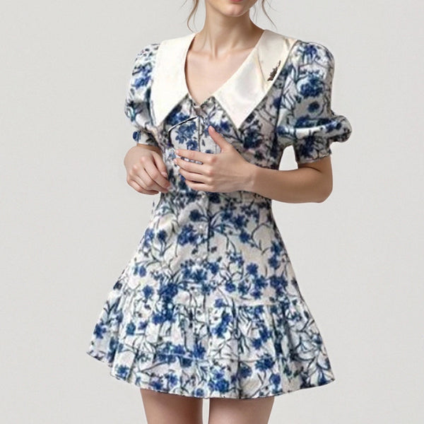 2025 spring and summer new cross-border Amazon European and American fashion elegant sexy doll collar slim print dress
