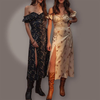 2026 spring new European and American cross-border women's clothing wish temperament commuting high slit fungus edge floral dress