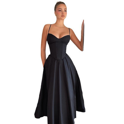 Cross-border Amazon European and American women's autumn and winter new temperament solid color fishbone waist sexy suspender swing dress