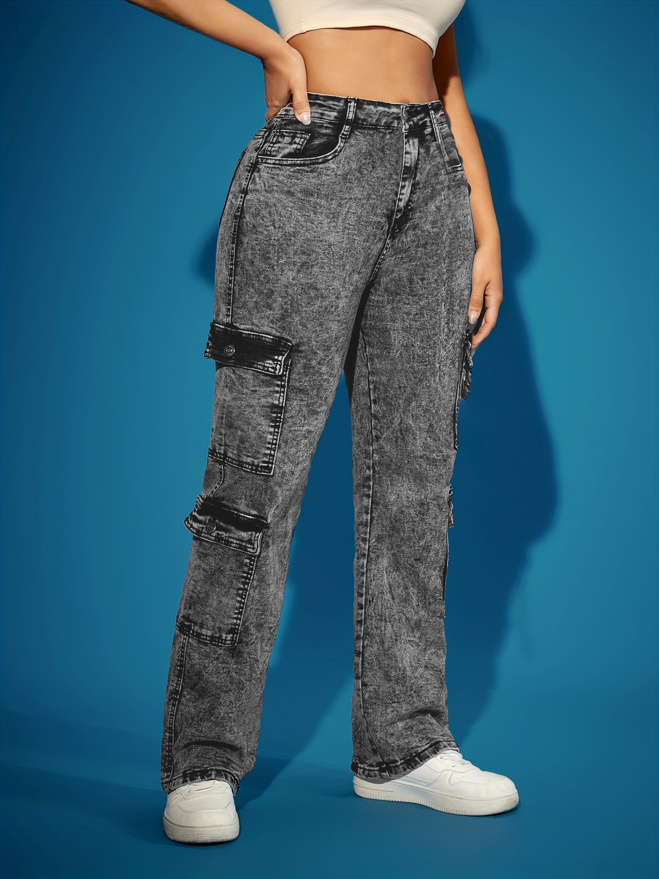 European and American cross-border women's fashion high-elastic multi-pocket cargo pants cross-border denim trousers Amazon popular jeans