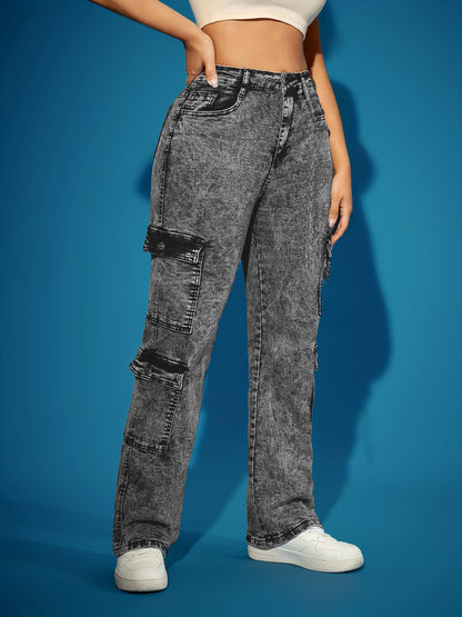 European and American cross-border women's fashion high-elastic multi-pocket cargo pants cross-border denim trousers Amazon popular jeans