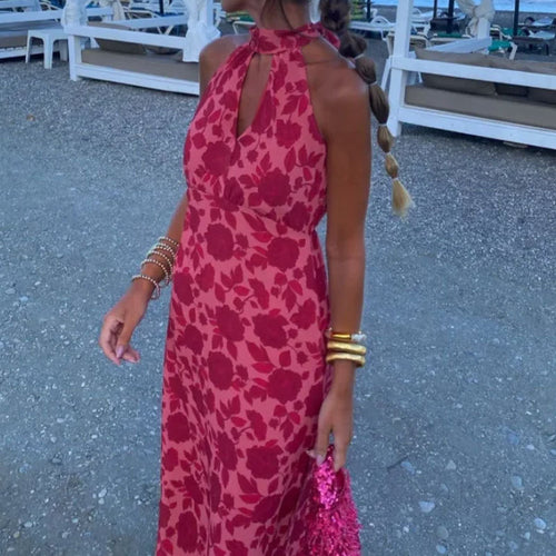 Spring 2026 New European and American Clothing Elegant Printed Halterneck Hollow Sleeveless Slim Dress 661