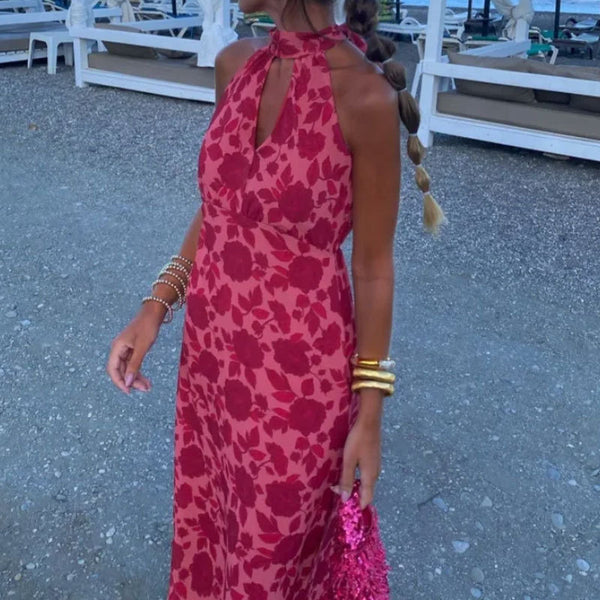 Spring 2026 New European and American Clothing Elegant Printed Halterneck Hollow Sleeveless Slim Dress 661