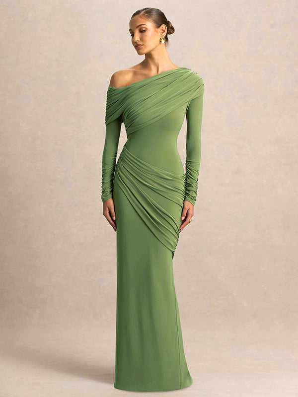 Foreign trade European and beautiful women's autumn and winter new fashion solid color diagonal collar long sleeve irregular pleated temperament hip wrap dress