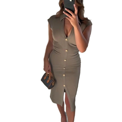 2025 summer new cross-border European and American style hot sale fashion trend versatile casual V-neck solid color breasted dress