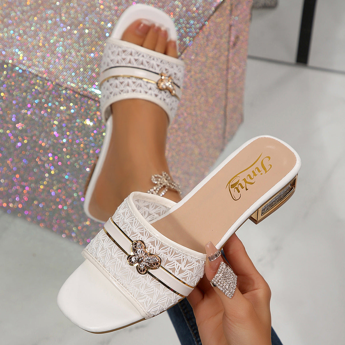 European and American cross-border foreign trade wholesale high-heeled sandals for women, elegant versatile decorative buttoned square-toe sandals