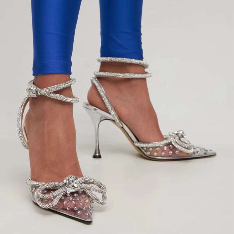 Cross-border customized high heeled sandals bow rhinestone women's shoes thin heel pointed high heels European and American women cross-border exclusive