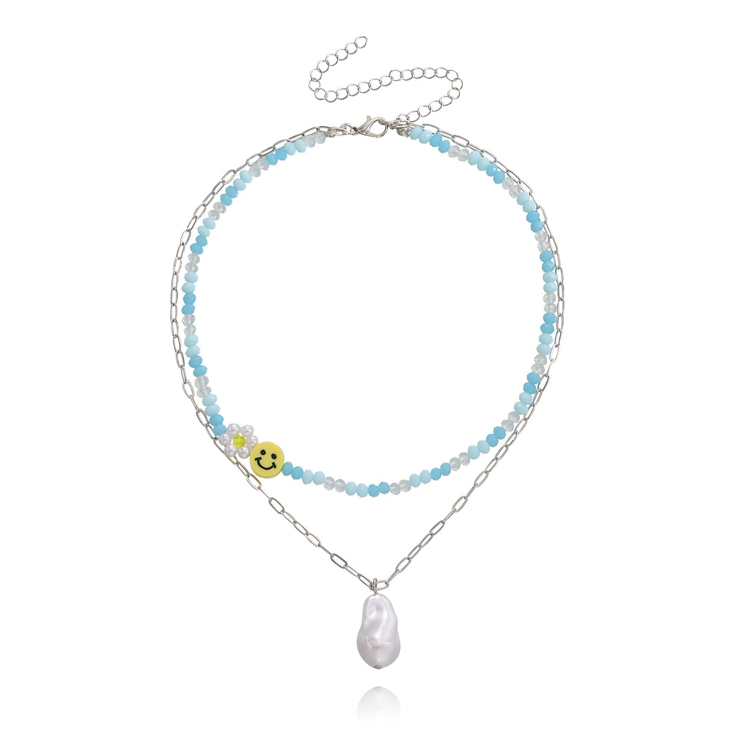 European and American cross-border jewelry, fashion double-layer crystal paper clip, smiley face, special-shaped pearl pendant necklace, female fairy style