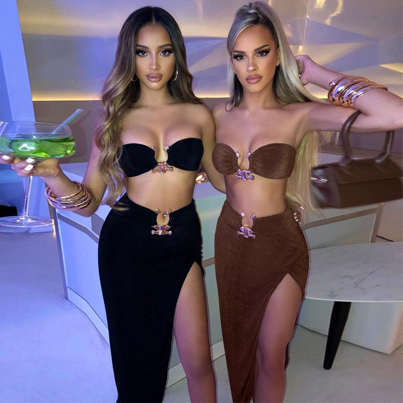 European and American style cross-border foreign trade women's hot girls niche metal decoration sexy crop top bandeau semi-slit midi skirt