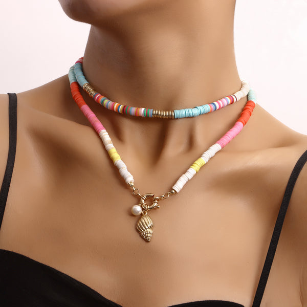 European and American cross-border jewelry, double-layered colored soft pottery pieces, pearl scallop pendant necklace, women's marine tide ornaments