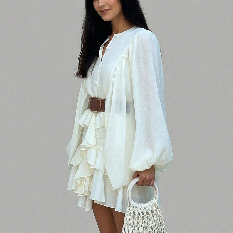 European and American style cross-border Amazon women's spring French high-waisted puff sleeve ruffled cropped dress