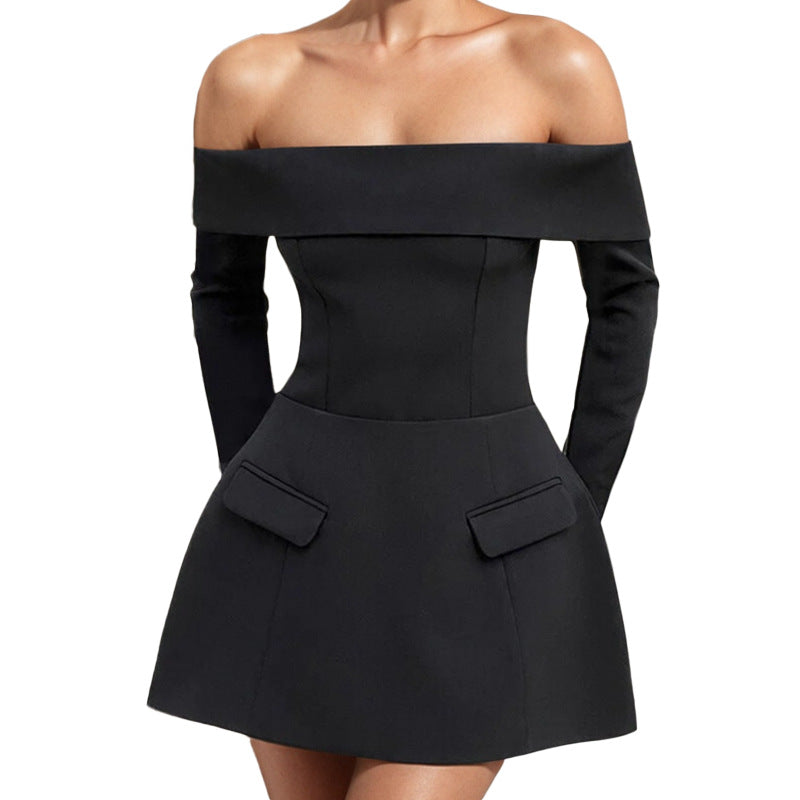 Cross-border 2025 summer new European and American fashion sexy bandeau one-line collar elegant backless long sleeve solid color dress