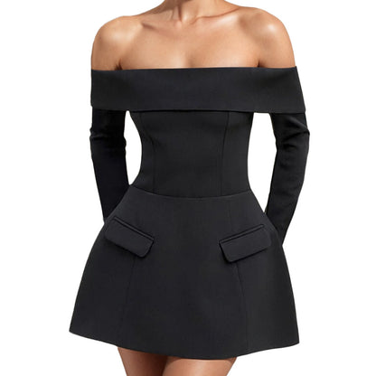 Cross-border 2025 summer new European and American fashion sexy bandeau one-line collar elegant backless long sleeve solid color dress