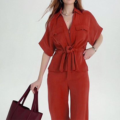 AliExpress 2025 New European and American Fashion Casual Suit Women's Workwear Style Drawstring Pocket Two-Piece Women's Suit
