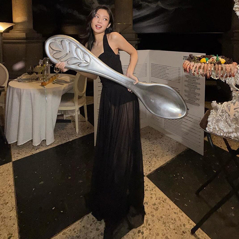 European and American cross-border women's clothing spring and summer new Jin Zhini sexy mesh splicing sleeveless slim halterneck dress for women