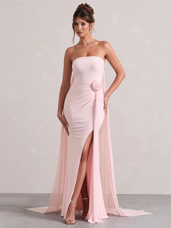 2025 new cross-border European and beautiful clothing temperament solid color sexy bandeau slim body wrapping hip mopping dress dress for women