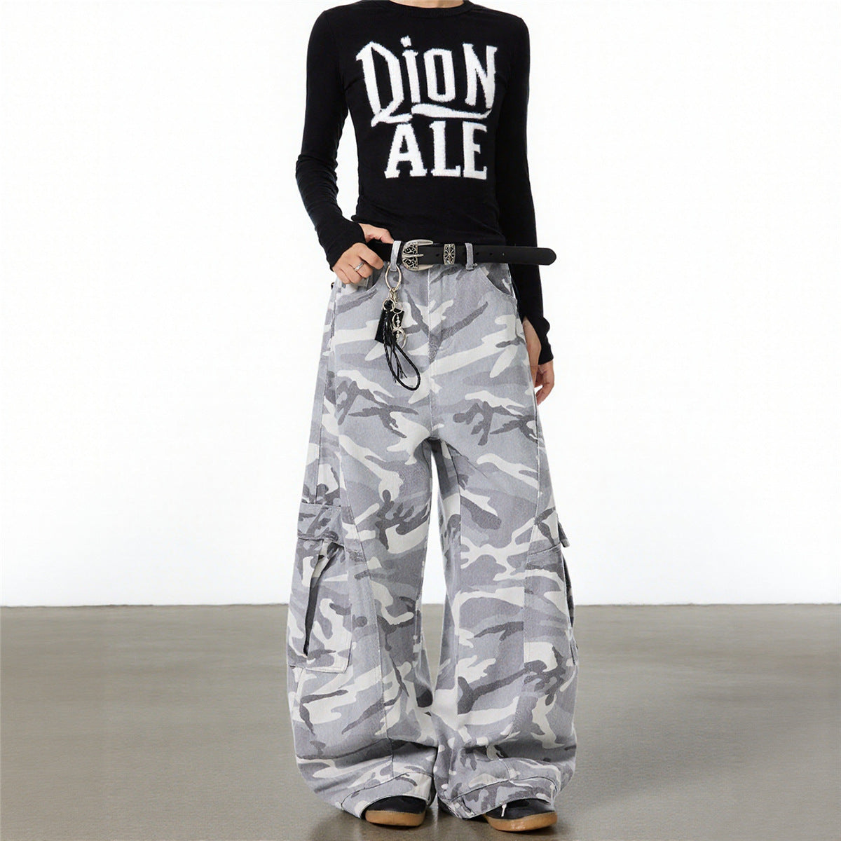 Neutral autumn and winter high street gray and white camouflage pants, plus size cargo pants, women's trendy brand loose and versatile straight wide-leg scimitar pants