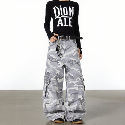 Neutral autumn and winter high street gray and white camouflage pants, plus size cargo pants, women's trendy brand loose and versatile straight wide-leg scimitar pants