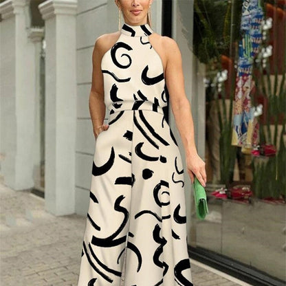 2026 spring new European and American foreign trade women's fashion crew neck sleeveless temperament fashion slim printed jumpsuit women