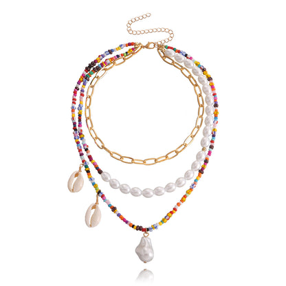 European and American cross-border jewelry bohemian multi-layer trend color rice beads special-shaped pearl shell pendant necklace women