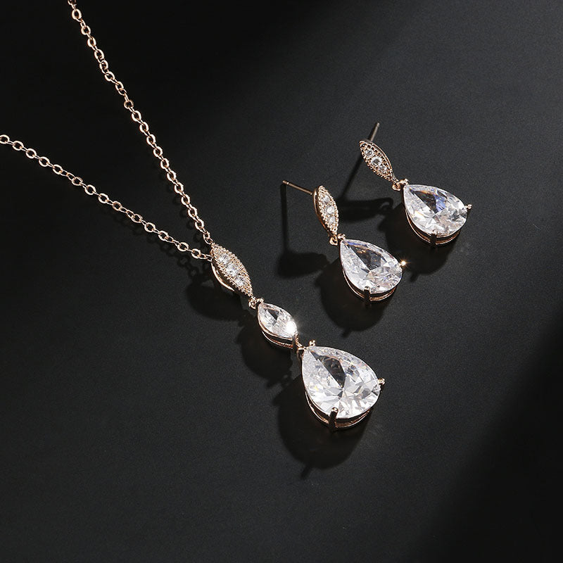 RAKOL Cross-border Copper Inlaid Zircon Set Necklace Earrings European and American Fashion Simple Waterdrop Bridal Dress Accessories