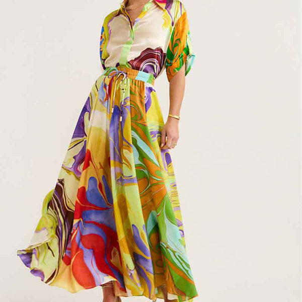 Spring 2026 new cross-border European and American fashion printed loose top lace-up skirt set