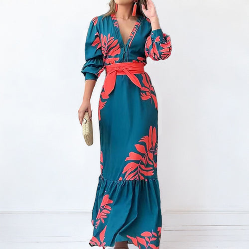 2026 spring new cross-border European and beautiful fashion temperament printed hundred towers long skirt lace-up waist dress