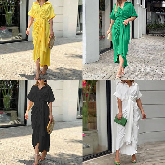 Amazon 2026 European and American Women's Spring Lace-up Waist Short Sleeve Single-Breasted Solid Color Shirt European and American Dress Women