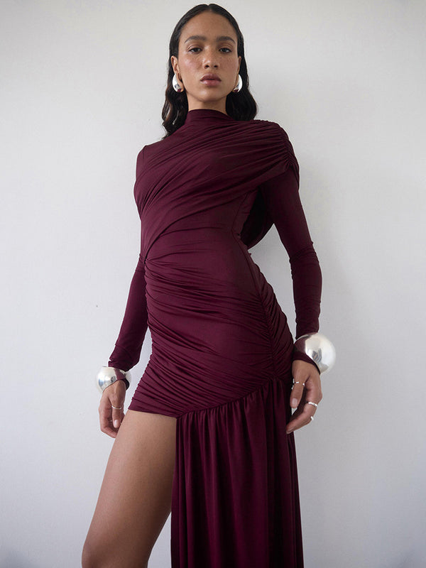 Foreign trade autumn and winter new European and beautiful fashion solid color crew neck long sleeve pleated hip irregular streamer dress | Ciaura
