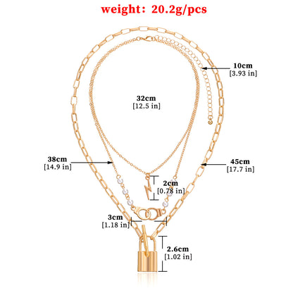 European and American cross-border jewelry, handcuffs, lightning pearls, lock pendants, necklaces, women's personality, fashion temperament, multi-layer necklaces
