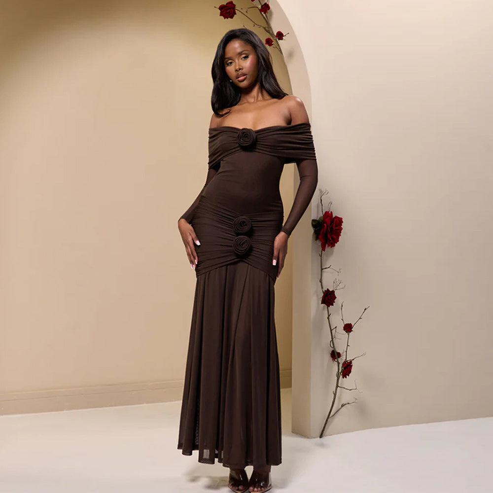 Cross-border European and American women's autumn fashion flower decoration sexy one-shoulder pleats slim hip wrap dress