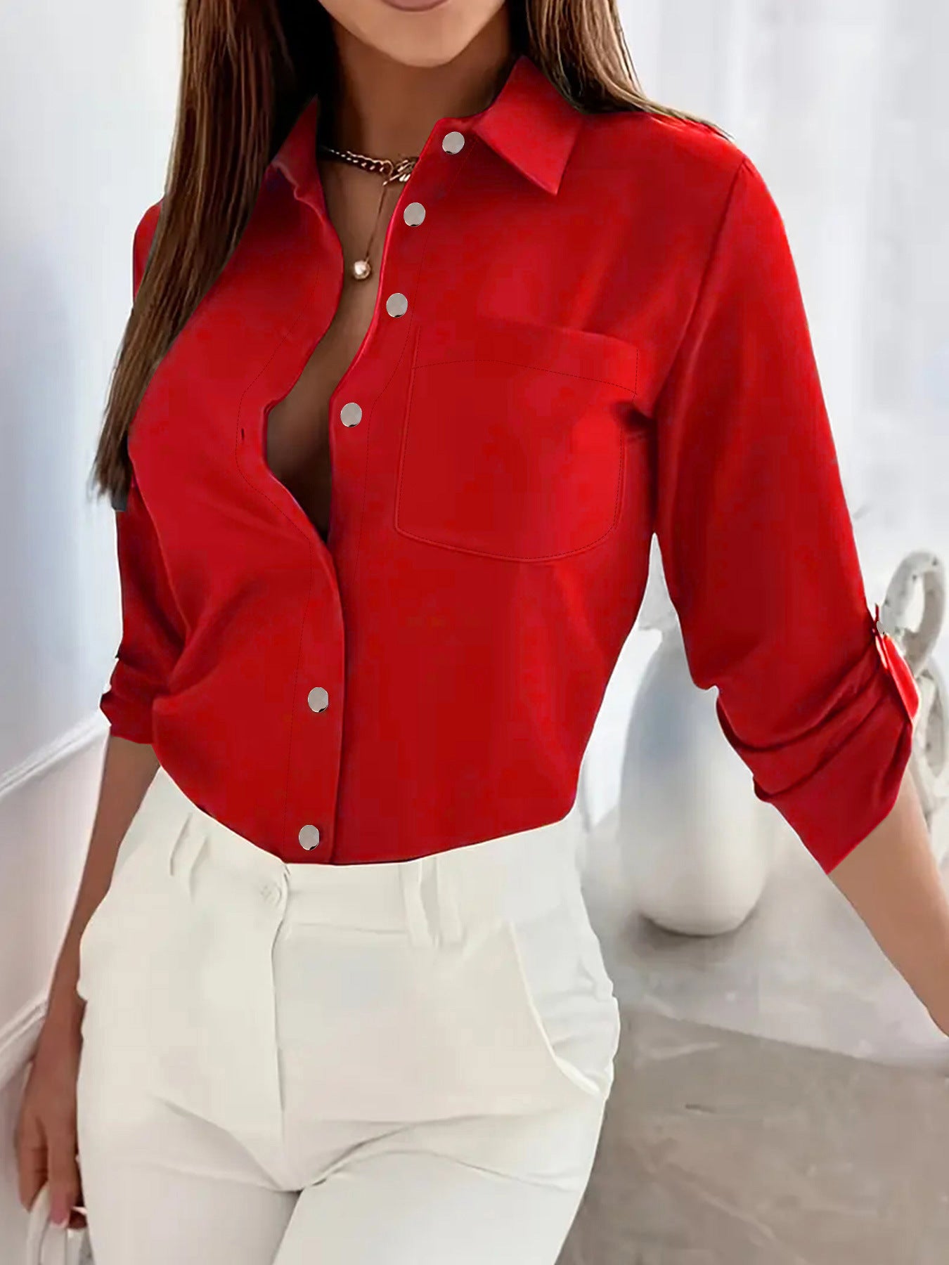 2025 New European and American Women's Cross-border European and American All-Season Versatile Metal Buckle Pocket Long-sleeve Turn-down Collar Shirt Top