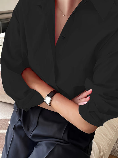 European and American cross-border plus-size women's new long-sleeve minimalist shirt, cotton poplin lapel, versatile loose fit for commuting