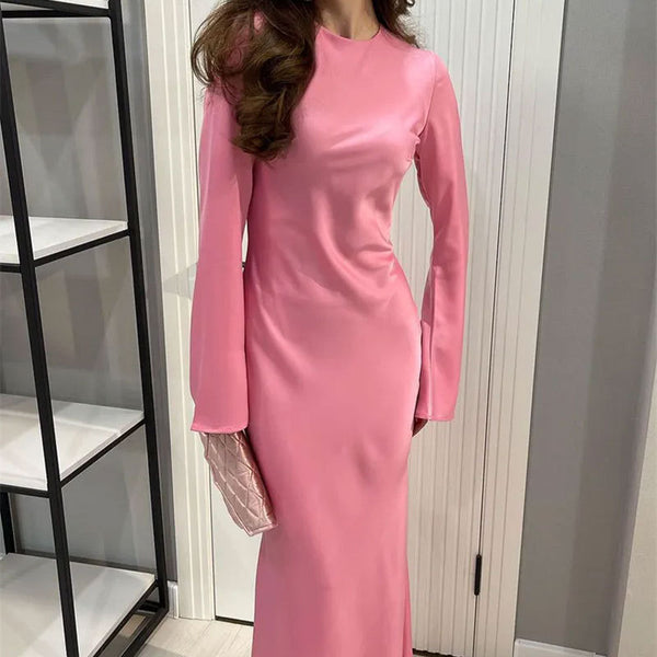 Amazon European and American foreign trade women's new French elegant solid color crew neck waist long sleeve temperament dress 661