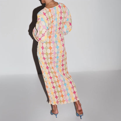 Elegante vestido comprido com decote em V, estampado e mangas abalonadas da Amazon, novidade da coleção Primavera 2026 de roupa europeia e de beleza para mulher.